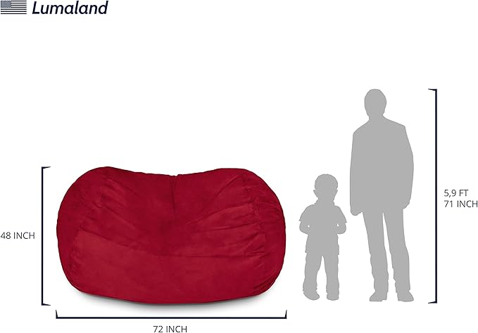 Lumaland Luxurious Giant 6ft Bean Bag Chair with Microsuede Cover - Ultra Soft, Foam Filling, Washable XL Bean Bag Sofa for Kids, Teenagers, Adults - Sack Chair for Dorm, Family Room - Red