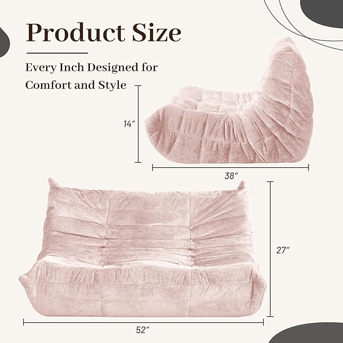 HABUTWAY Bean Bag Chair, Giant Bean Bag Chairs for Adults, Loveseat Fireside Chair, 2 Seater Lazy Bean Bag Sofa Memory Foam Couch for Living Room, Bedroom, Office (Pink)