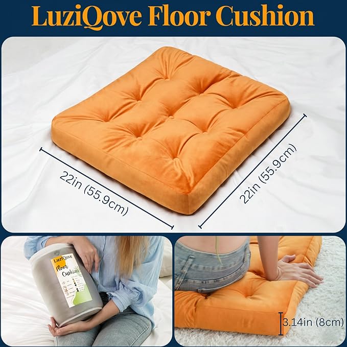 Velvet Floor Pillow,Square Large Pillows Seating for Adults, Orange Tufted Cushions for Meditation Yoga Tatami Living Room Chair Booster Machine-Washable & Dryer-Safe, Orange, 22x22 Inch