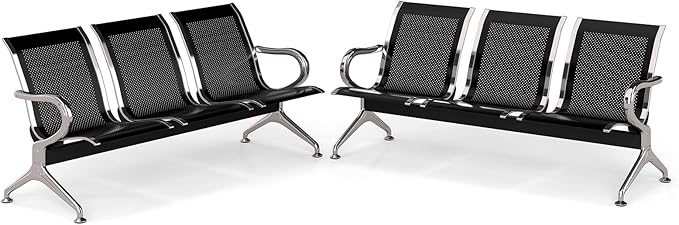 Kinfant 3-Seat Waiting Room Chair Set- 2 Pieces Office Guest Reception Seats Waiting Room Bench with Armrest for Airport, Hospital, Bank, Salon, Barbershop, Hall(Black Mesh)