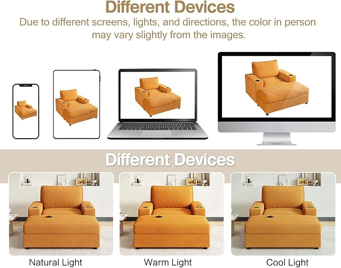 Merax 42.8" Oversized Chaise Lounge Chair with Storage Ottoman,Corduroy Sofa Bed with Cup Holders,USB Charging Port,Upholstered Sleeper Chair,Deep - Seat Reading Couch for Living Room,Bedroom,Yellow