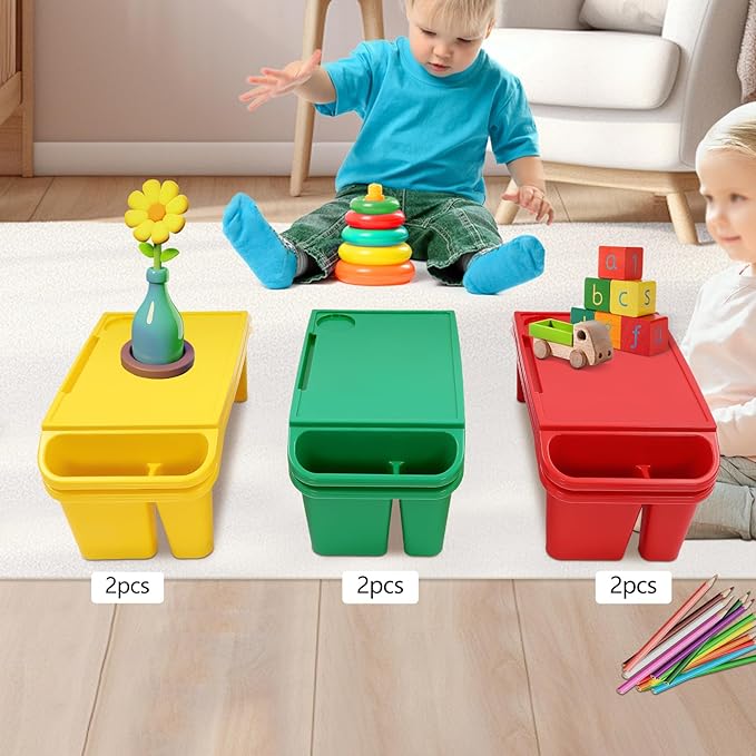 6 Pcs Kids Lap Desk Tray with Storage Slots, Activity Tray Portable Lap Desk Stackable for Kids Students Work Study School Classroom (Red/Green/Yellow)