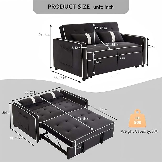 3 in 1 Convertible Loveseat Sleeper Sofa, Modern Futon Couch with Adjustable Backrest, Pull Out Sofa Bed Upholstered for Living Room Bedroom Apartment Small Space (Black)