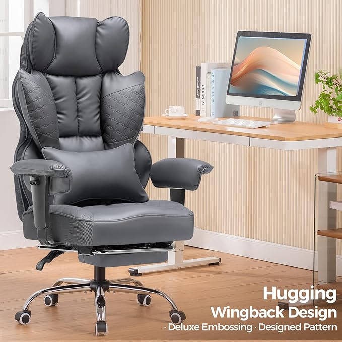 COMHOMA Desk Office Chair 400LBS Big and Tall Office Chair Ergonomic Gaming Chair with Wide Seat Leather High Back Chair with Foot Rest Adjustable Armrests Pocket Spring Lumbar Support