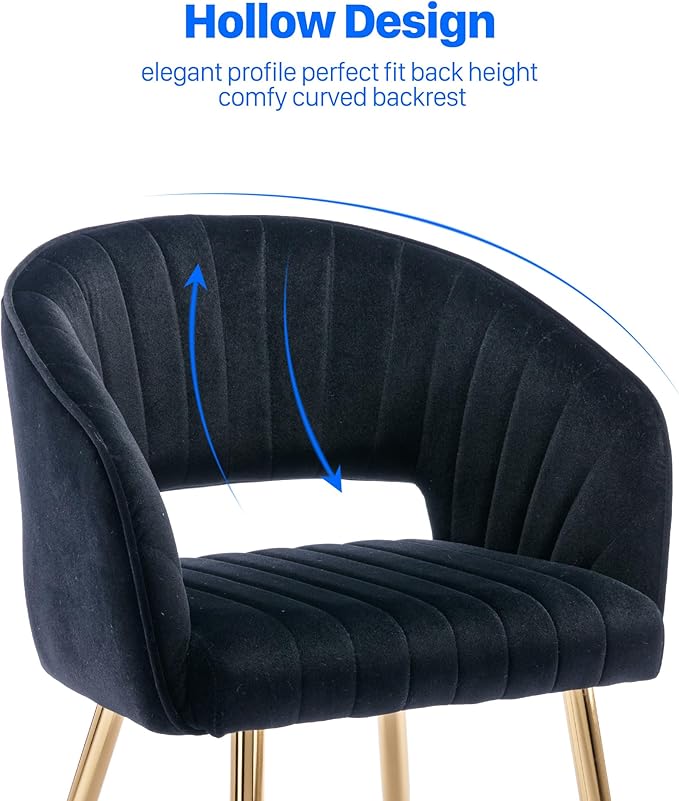 KCC Modern Accent Dining Chairs Set of 2, Velvet Upholstered Dining Room Chairs with Tufted Hollow Back, Gold Metal Legs for Living Room, Restaurant, Kitchen, Black