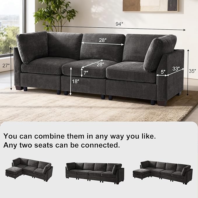 EDILLY 94 inches Oversized Modular Sectional Fabric Cloud Sofa Set, Extra Large L Shaped Couch Reversible Chaise Couch,3 Seat Modular Sofa,Grey