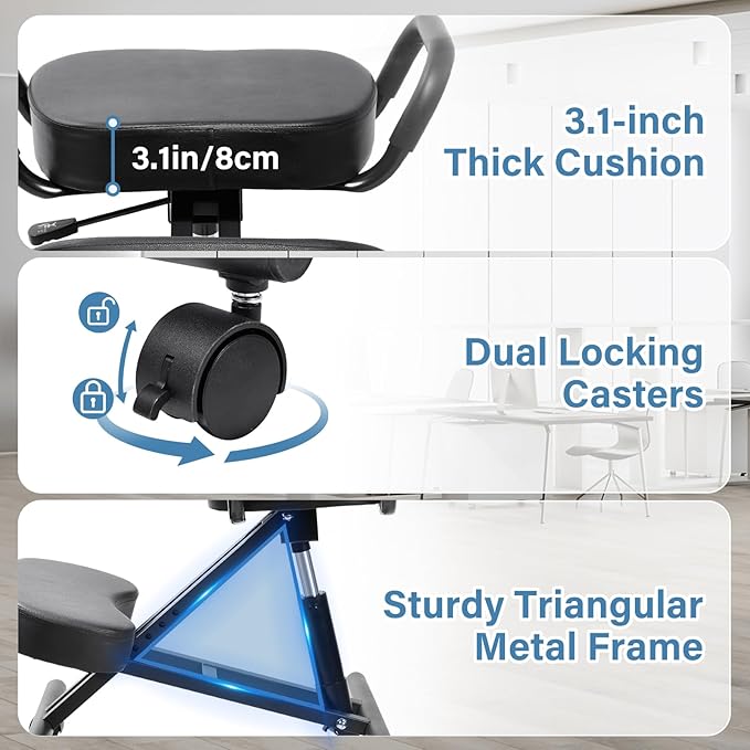 Ergonomic Kneeling Chair Height-Adjustable 22.4-26.3 in Postures Chairs with Lockable Wheels and Armrests Knee Chairs can Hold Up to 220 Lbs Kneeling Ergonomic Chair for Desk Home Meditation,Black