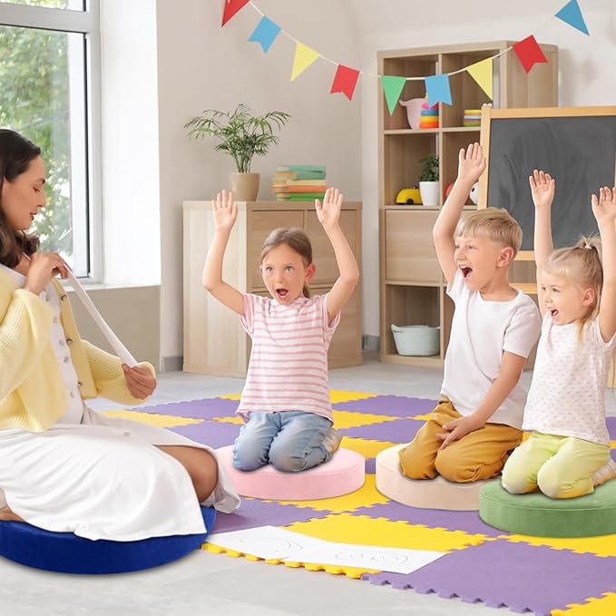 GlikCeil 8 Pcs Round Floor Pillow Cushions for Kids Classroom 15'' Soft Flexible Seating Chair Floor Seats for Reading Corner Playroom - Winter & Spring School Supplies (Creamy Pastels Series)