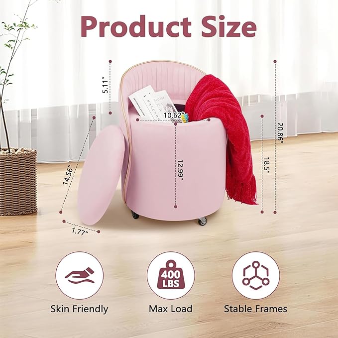 Round Storage Ottoman, Upholstered Velvet Vanity Stool with Lumbar Support, Swivel Rolling Wheels, Small Foot Stools Coffee Table Padded Seat for Makeup Room, Living Room, Bedroom (Pink)