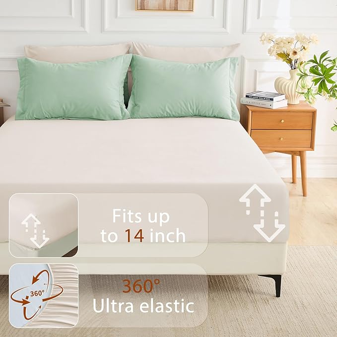 MUXHOMO 7 Pieces Full Comforter Set, Soft Bed in a Bag Full Size, All Season Bedding Set with Comforter, Flat Sheet, Fitted Sheet, Pillowcases & Shams, Sage Green & Beige