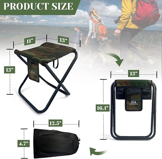 K-MingleSo Upgraded Portable Folding Stool, 13 Inch Camping Stool for Adults Fishing Hiking Gardening and Beach with Carry Bag, Hold Up to 450lbs[Camo]