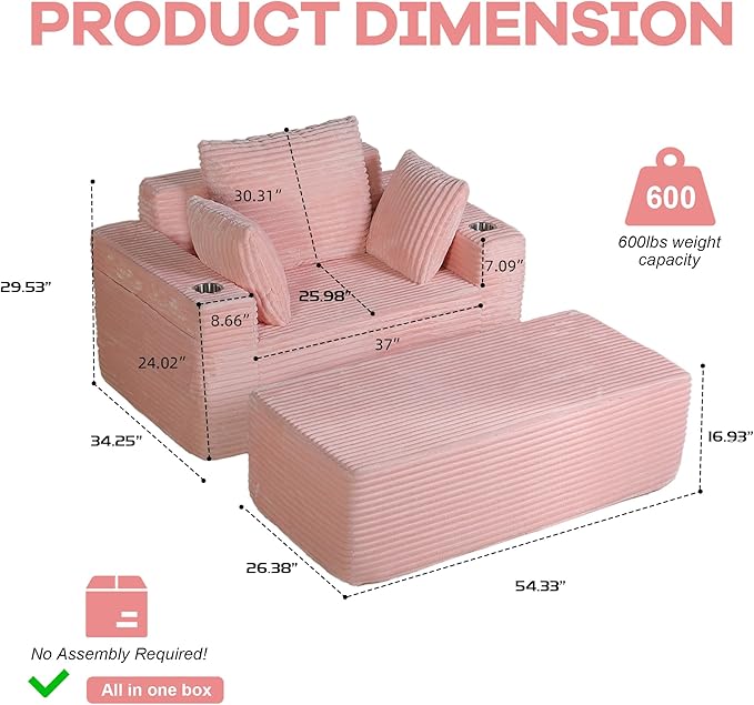 54"W Oversized Chaise Lounge Chair Indoor, Boneless Chaise Lounge Couch, Convertible Comfy Reading Chairs, Compression Sofa with Ottoman, Corduroy Sleeper Couch Chair for Living Room, Pink