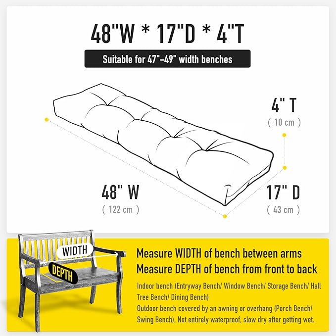 SUNROX LokGrip Non Slip Tufted Memory Foam Bench Cushion, FadeShield Water Resistant Durable Thicken Outdoor/Indoor Bench Seat Pads 48x16x4 inch, Navy