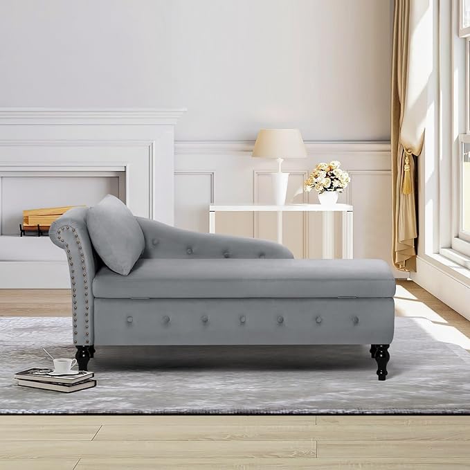 ACMEASE Upholstered Chaise Lounge with Left Armrest & Lumbar Pillow,Button Tufted Lounge Sofa with Storage,Lounge Chair Indoor,Modern Velvet Lounge Chair for Bedroom, Living Room and Office,Grey