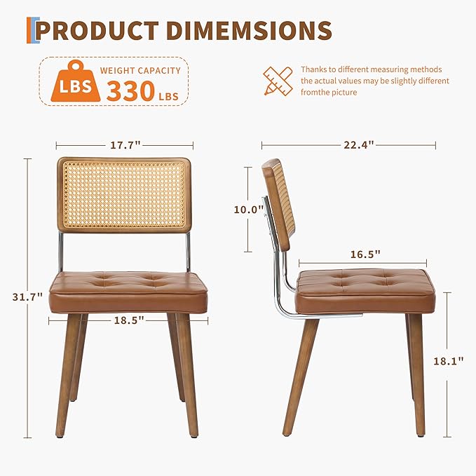GarveeHome Natural Rattan Dining Chairs Set of 2, PU Upholstered Kitchen Chairs with Tall Cane Backrest and Strong Wood Legs for Dining Room, Kitchen, Restaurant, Brown