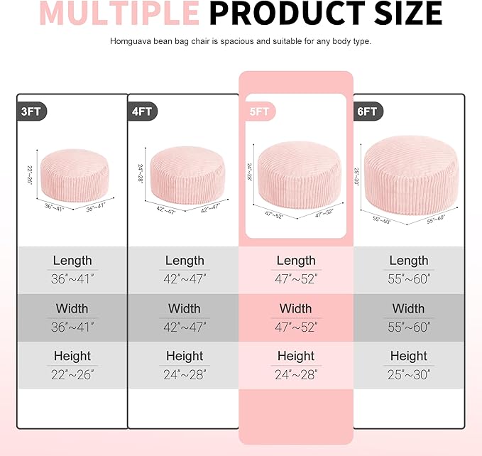 Homguava 5 FT Bean Bag Chair,5' Big Bean Bag,Giant Bean Bag Chairs for Adults with Memory Foam Filled,Comfy Large Beanbag Chairs Soft Bean Bag Sofa with Dutch Corded Plush Cover-Soft Pink