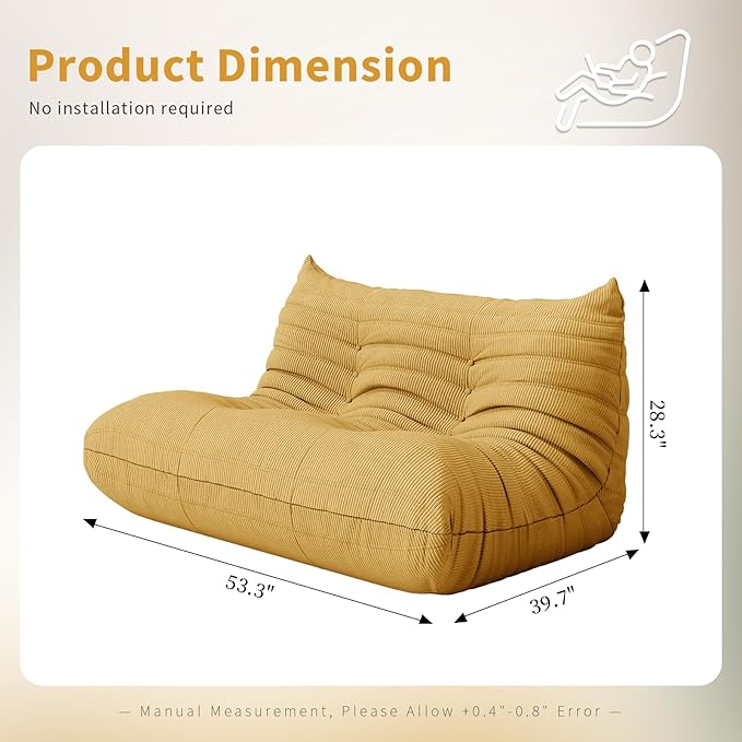 Foam Floor Lazy Couch Bean Bag Chair Sofa Fireside 2 Seat Lounger Couches for Adults Oversize Corduroy Cozy Chair for Home, Apartment and Gaming Venue,Yellow