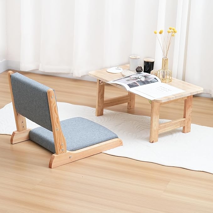 Japanese Floor Chair with Back Support, Foldable Meditation Chair, Legless Tatami Chair with Cushion, Floor Seat for Living Room, Bedroom, Bay Window (1, Dark Gray)