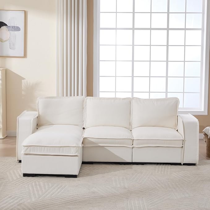 HEAY-YO 93 Inches Modern Modular Sectional Sofa,L Shape 3-Seater Comfy Couch with Moveable Ottoman,Floor Sofa for Living Room Bedroom Apartment,Linen White