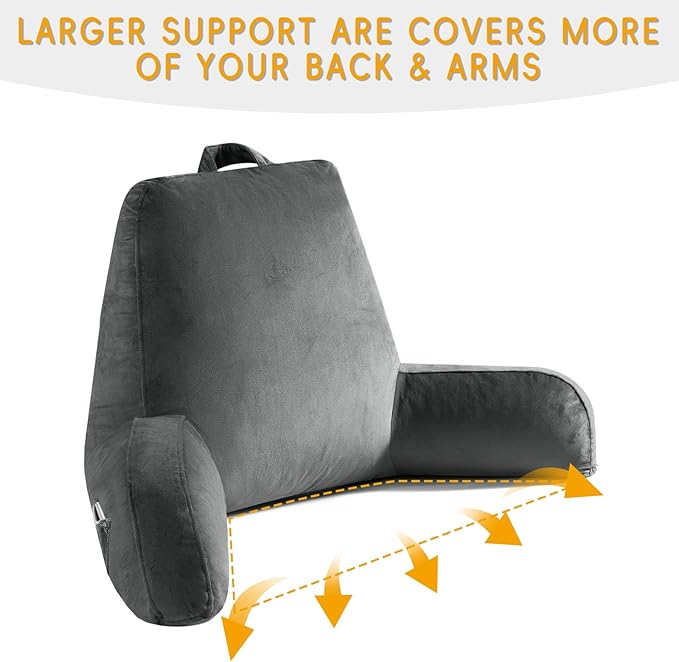 OAISZ Reading Pillow for Sitting in Bed Adult, 19" Reading Pillow with Shredded Memory Foam, Back Pillow for Sitting Up with Extend Arms, Pockets, Bed Pillow with Washable Cover, Grey