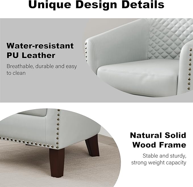 DREAMSIDEA Accent Barrel Chair, Upholstered Faux Leather Club Chair with Nailed Trim, Comfy Reading Armchair for Living Room Bedroom Reception Room Office (White, Set of 2)