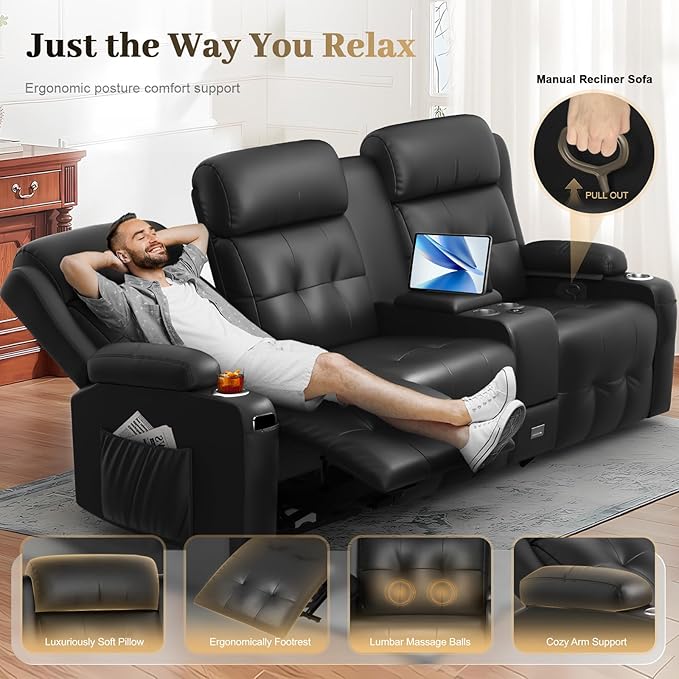 Aotolo Recliner Sofa, Massage Reclining Sofa 3 Seater Sets Heavy Weight Capacity, RV Loveseat Couch Clearance with Console, USB, Type C Port, Storage, Cup Holders, Wall Hugger Chair for Living Room