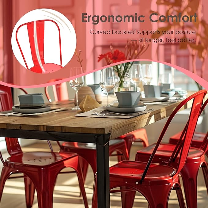 Metal Dining Chairs Set of 2,Stackable Tolix Chair Indoor/Outdoor for Kitchen,Cafe,Restaurant,Bistro & Patio Multiple Colors(Red)