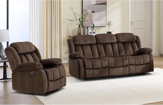 EBELLO Manual Reclining Sofa Set, Classic Recliner Sofa with Overstuffed Arms and Backrest, Include 1 Recliner Chair and 1 3-Seat Couch, Brown