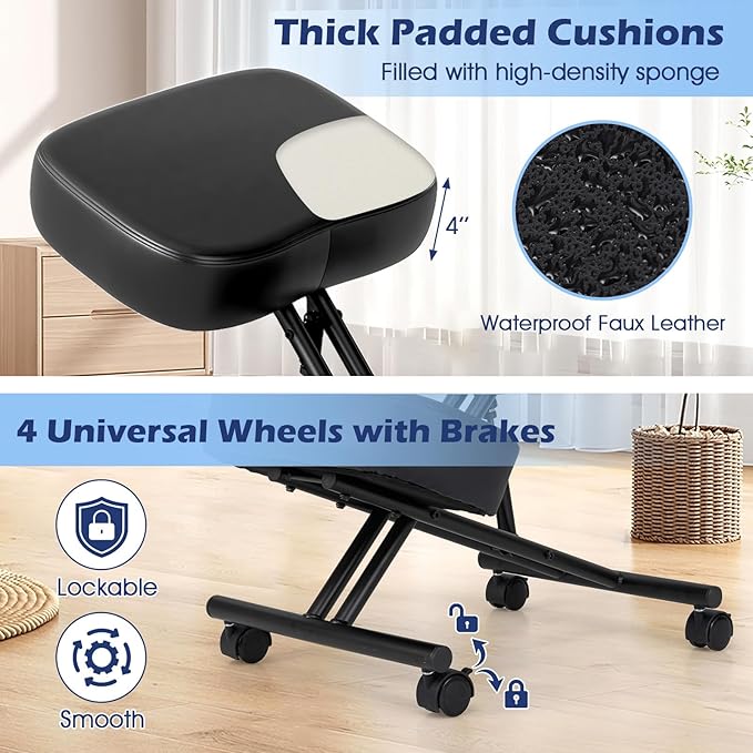Giantex Ergonomic Kneeling Chair for Office, Knee Stool Chair w/Adjustable Height and Seat Angle to Relieve Pain, Posture Desk Chair w/Lockable Universal Wheels, Thick Padded Cushions, Black (2)
