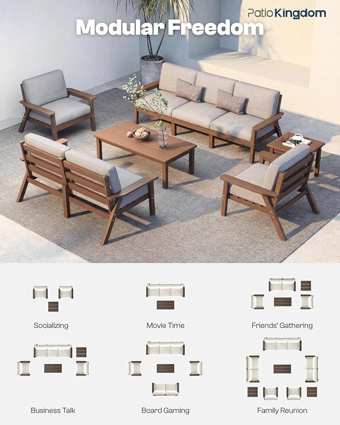 Patio Kingdom HDPE 7 Piece Patio Furniture Set, HDPE Outdoor Sectional with with Gray Thick Cushions, Coffee Table and Side Table, Patio Conversation Sets for Lawn, Garden, Porch (Brown Frame)