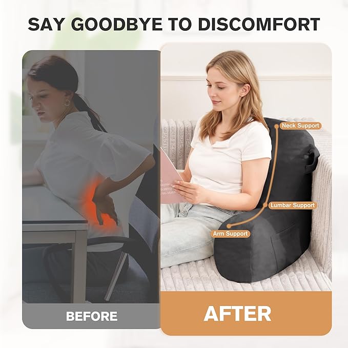 Unisakey Portable Comfy Reading Pillows for Bed Sitting Up(Light Grey Oeko-Tex), Velvet Back Pillow with Arms & Pockets for Adults, Support Memory Foam Bed Pillow for Dorm/Reading/Watching/Gaming