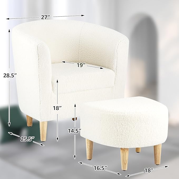 DAZONE Sherpa Chair, Accent Chair Set of 2 White Fluffy Teddy Barrel Chairs with Ottoman Comfy Armchair Comfortable Living Room Chairs Upholstered Club Tub Sofa Chair for Bedroom Reading Room