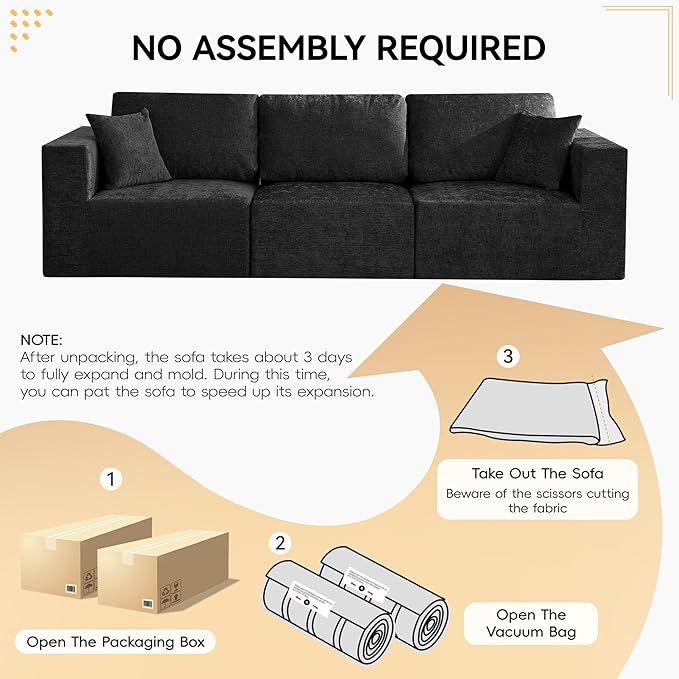 115'' Comfy Boneless Couch, Upholstered Deep Seat Modular Cloud Sofa, No Assembly Chenille Compression 3 Seater Sofa Couch for Living Room, Black