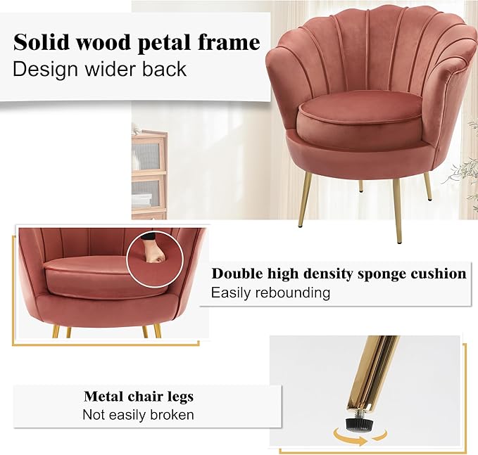 DAGONHIL Mid Century Modern Upholstered Accent Chair,Petal Vanity Chair,Retro Leisure Velvet Single Sofa with Golden Metal Legs for Living Room/Bedroom/Makeup Room, Rose Pink