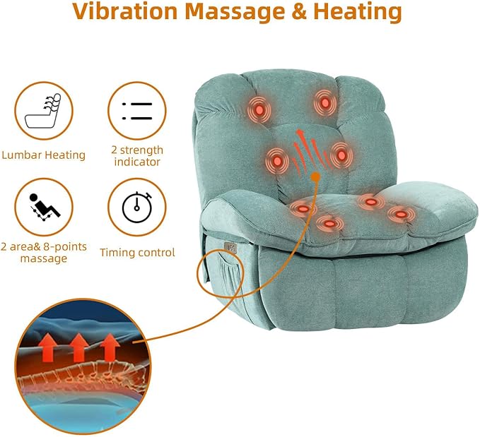 EDWELL Green Massage Swivel Recliner Chair, Oversized Rocker Recliner with Heated, Vibration Massage and Lumbar Heat Ergonomic Rocker Chair for Adults with Side Pocket, USB Charge Port