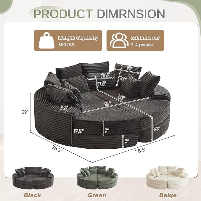 78-inch Oversized Round Chaise Lounge Chair Indoor, Convertible Folding Sofa Bed w/ 10 Pillows, Fluffy Corduroy Boneless Compressed Memory Foam Couch for Living Room, Bedroom (Black, Left & Right)