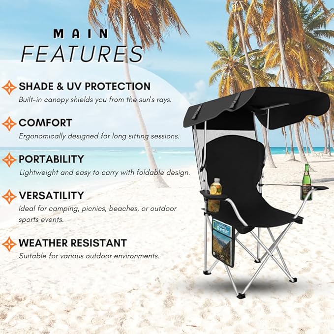 CozyBox Portable Folding Camping Chairs with Canopy Shade, Beach Chair for Adults, Durable Weather Resistant 600D Oxford Cloth, Camping Chair with Canopy for Outdoors [Black]