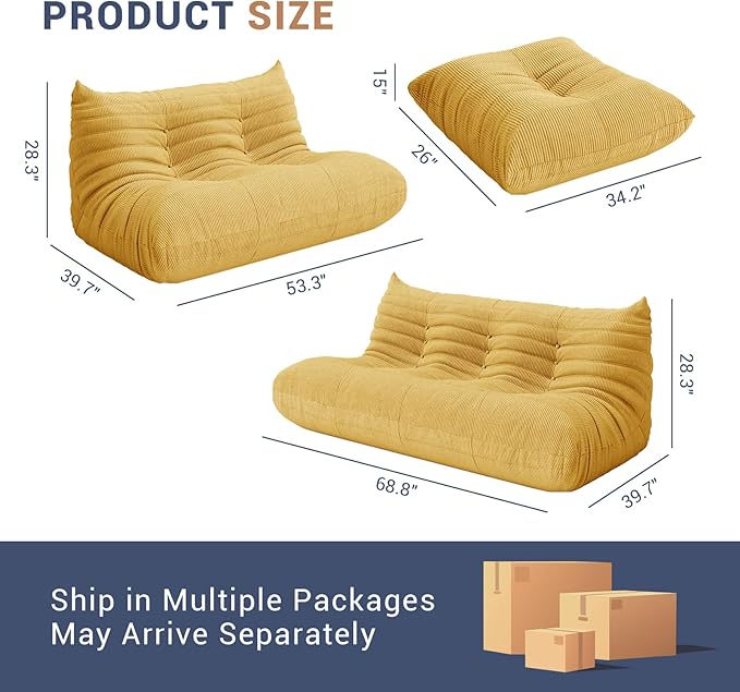 Fireside Chair Corner Bean Bag Chair for Adults, Modern Corduroy Fabric Caterpillar Sofa Couch, Lazy Floor Sofa Armless Foam Couch Lounger Tatami Recliner for Living Room Bedroom Dorm Office