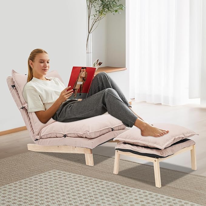 Single Lazy Leisure Chair, Adjustable Recliner Balcony Reclining Japanese Tatami Chair with Ottoman, Floor Seating Lounge Chair with Backrest and Footrest, Upholstered Chair for Living Bedroom (Beige)