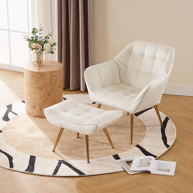 Accent Chair with Ottoman, Upholstered Velvet Armchair with Wood Legs Fluffy Armchair Side Chair Sofa Chair Reading Chair Living Room Chair with Footstool for Bedroom Apartment, Cream