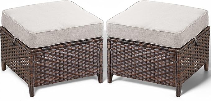 ACTREST Patio Ottoman Outdoor Wicker Side Table - 2PCS Multipurpose Heavy Duty All-Weather Brown Rattan Extra Seating Bench Footrest Footstool for Garden Back Porch Poolside Apartment - Beige