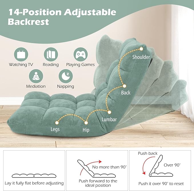 IFANNY Floor Chair with Back Support, Foldling Gaming Sofa Chair with Comfy Cushion, Adjustable 14-Position Meditation Chairs, Lazy Lounge Recliner Reading Seat for Adults, Kids (Green)