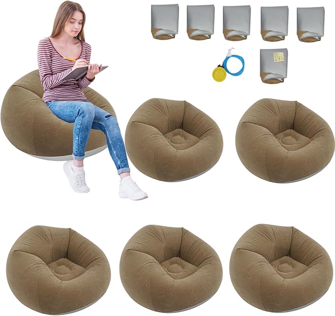 DYRABREST 6 Pcs Bean Bag Chairs for Adults, Inflatable Chairs with Air Pump, Folding Blow Up Couch, Flocking Portable Lazy Sofa for Movie Night, Living Room, Camping (Brown)