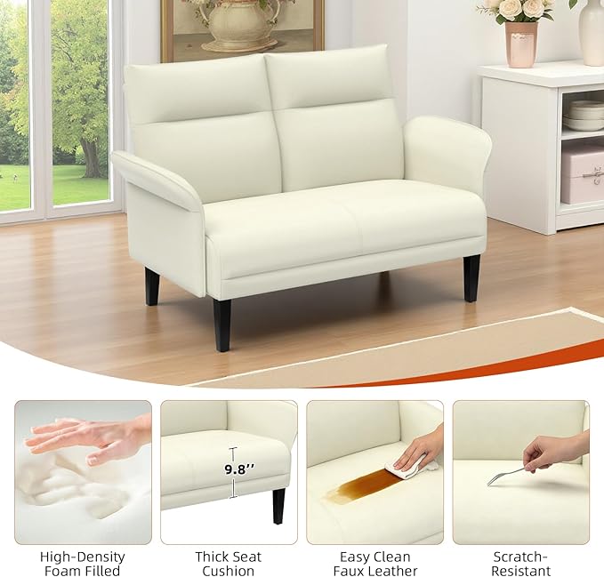 Faux Leather Loveseat with Wide Armrests, Symmetrical Shawl Arm 2-Seater Sofa, Upholstered Modern Loveseat with Wooden Legs for Small Living Room, Apartment, Beige