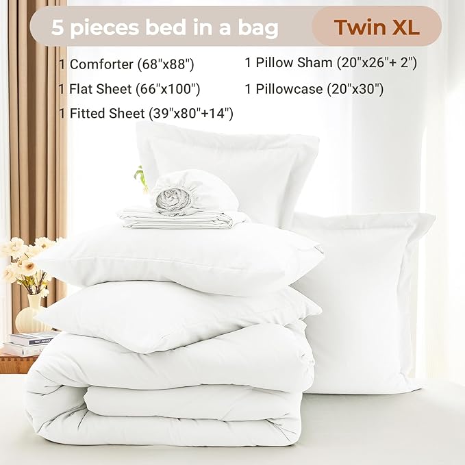 MUXHOMO 5 Pieces Twin XL Comforter Set, Soft Bed in a Bag Twin XL Size, All Season Bedding Set with Comforter, Flat Sheet, Fitted Sheet, Pillowcases & Shams, White