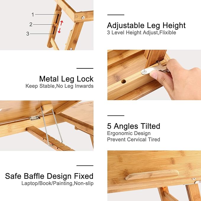 Laptop Desk Nnewvante Bamboo Bed Tray Adjustable Foldable Desk Bed Serving w' Tilting Drawer