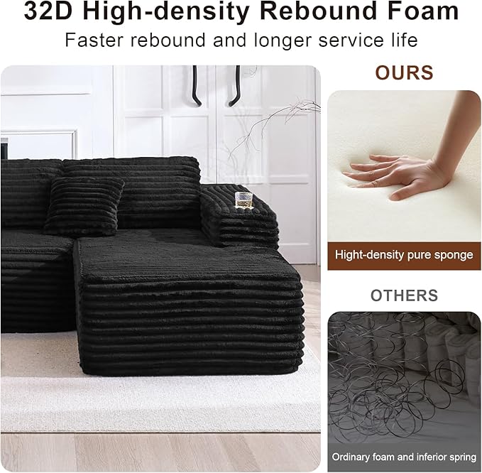 Cloud Sectional Couch with L-Shape Chaise, Modern Modular Sofa with Deep Seat, Built-in Cup Holder & Storage Pocket for Living Room Bedroom, No Assembly Required (Black, Right Sitting Chaise)