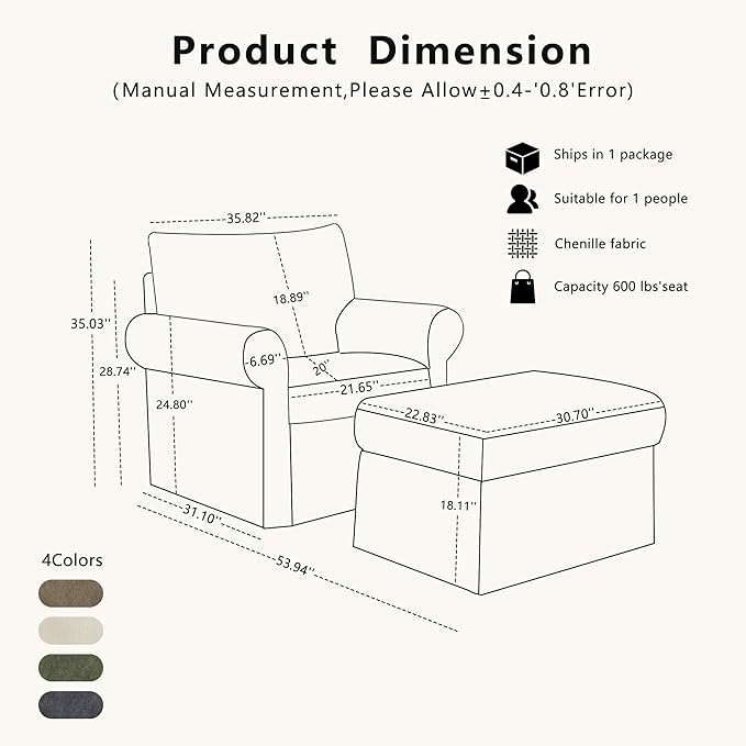 35.82" Accent Chair with Ottoman Set,Upholstered Living Room Chairs for Reading Chair with Chaise Lounge Chairs Indoor, Comfortable Armchair for Bedroom (Gray, 35.82")