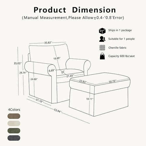 35.82" Accent Chair with Ottoman Set Upholstered Living Room Chairs for Reading Chair with Chaise Lounge Chairs Indoor, Comfortable Armchair for Bedroom (Brown, 35.82")