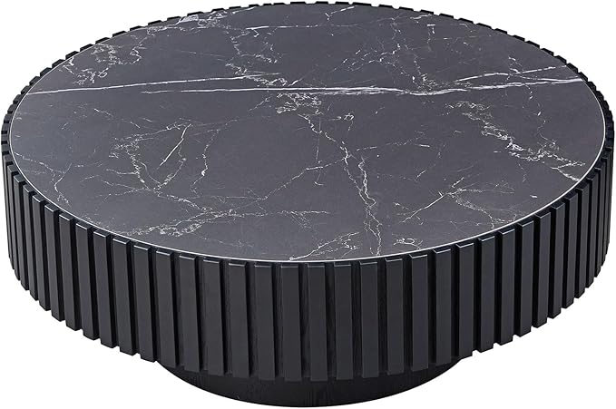 35.43''/90CM Modern Drum Coffee Table, Luxury Circle Wood Coffee Table for Apartment,Small Space (Black, Ø35.43 x 13.77 Sintered Stone Tabletop)
